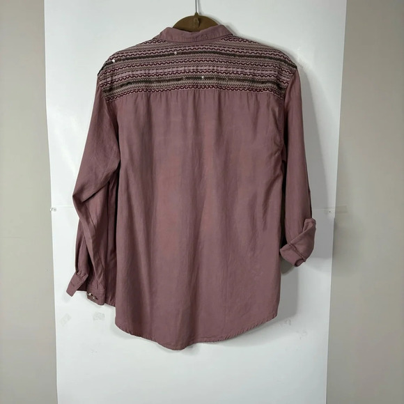 Angie Shirt Women Small Dusty Rose Pink Embroidered Checker Buttons Boho Coastal - Picture 12 of 12